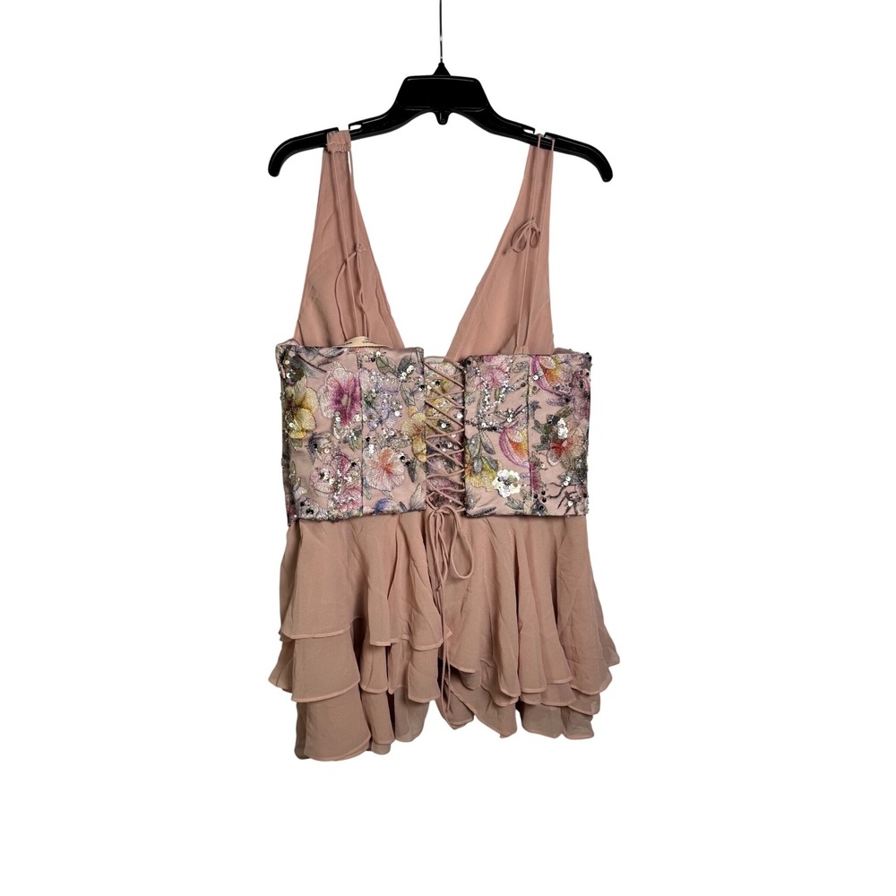 Oh Polly Pink Floral Embroidered Corset Mini Dress Tiered Ruffle Skirt US 10 NWT - Picture 6 of 11